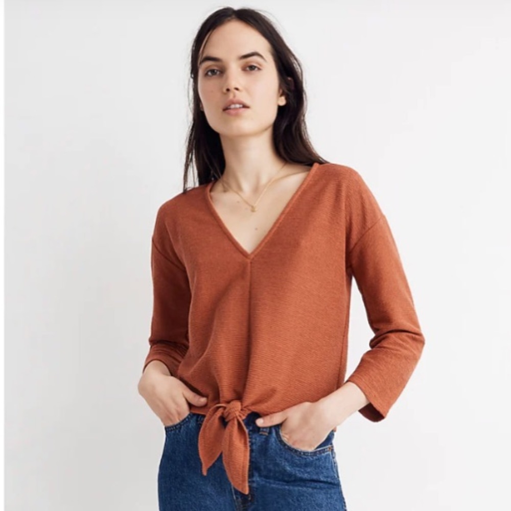 Madewell Texture & Thread Long-Sleeve Tie Front Top Size Small in Burnt Orange.